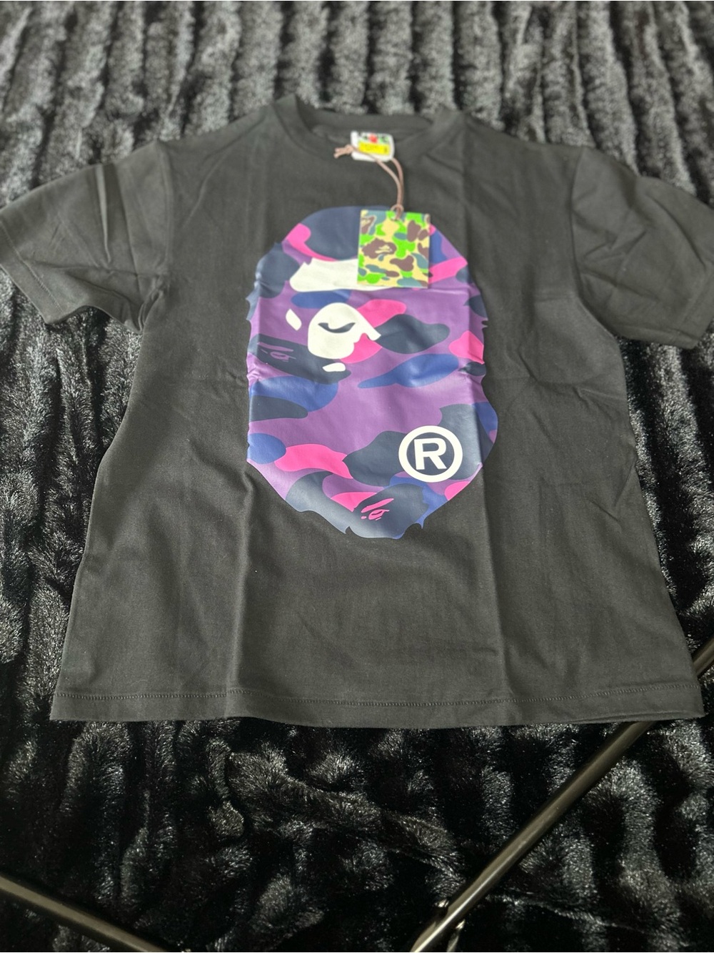 Bape Black Tee with Purple & Pink Camo Ape Head Graphic